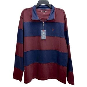 Izod Stripe Burgundy Navy 1/4 Zip Pullover L Casual Soft Stretch Preppy